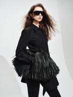 audreyyang Vintage Loose Square Neck Long Sleeve Midi Cardigan Black Polyester Blouses