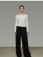 unspoken Soft Breathable Knit One Shoulder Slim Fit Office White Long Sleeve Blouses