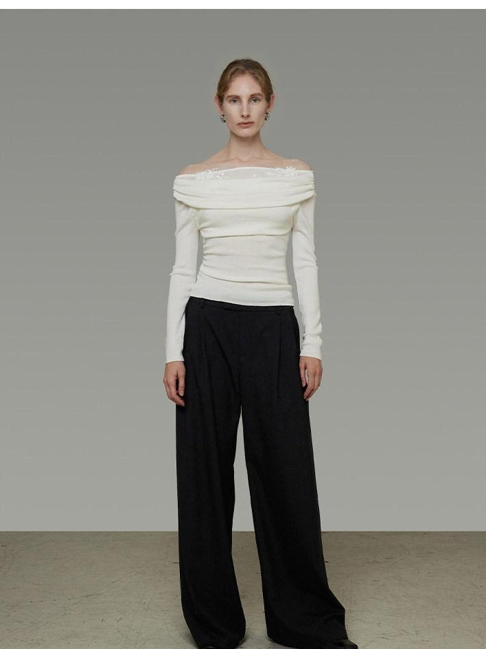 unspoken Soft Breathable Knit One Shoulder Slim Fit Office White Long Sleeve Blouses