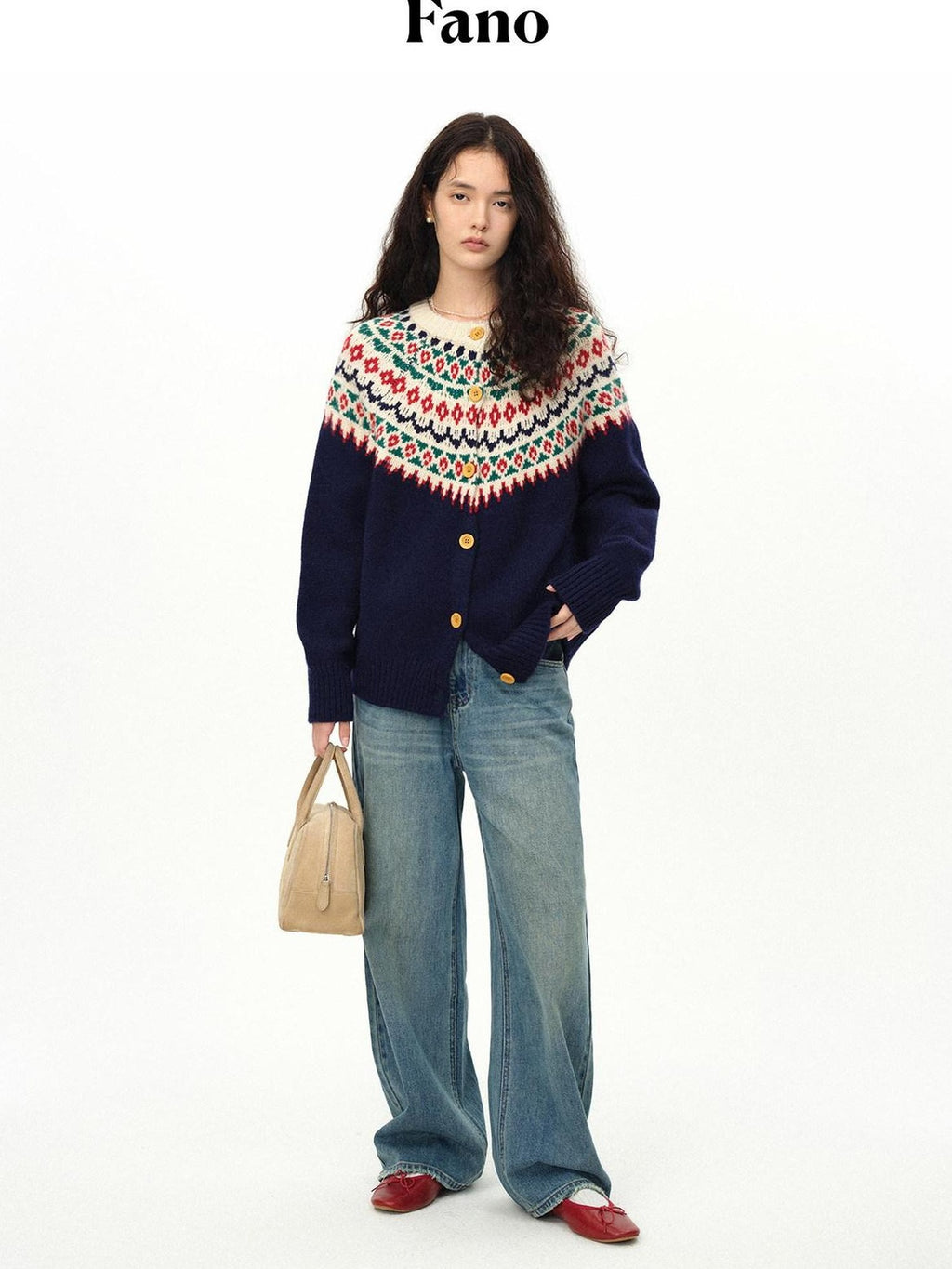 fano 100 Percent Wool Loose Fit Button Front Commuter Crew Neck Knit Cardigans