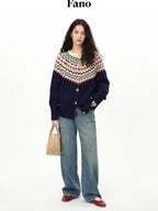 fano 100 Percent Wool Loose Fit Button Front Commuter Crew Neck Knit Cardigans