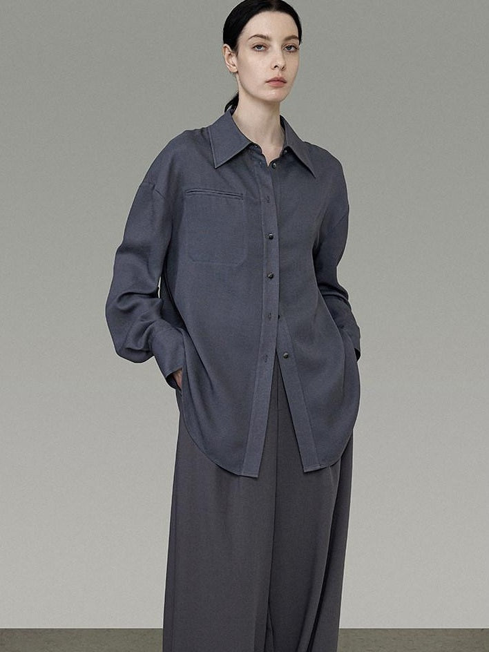 unspoken Skin Friendly Breathable Polyester Blend Loose Fit Blazer Collar Gray Shirts