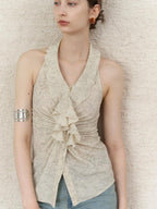 someonesometimes Ruffle Halter Slim Fit Cropped Solid Almond Stretch Tank Tops