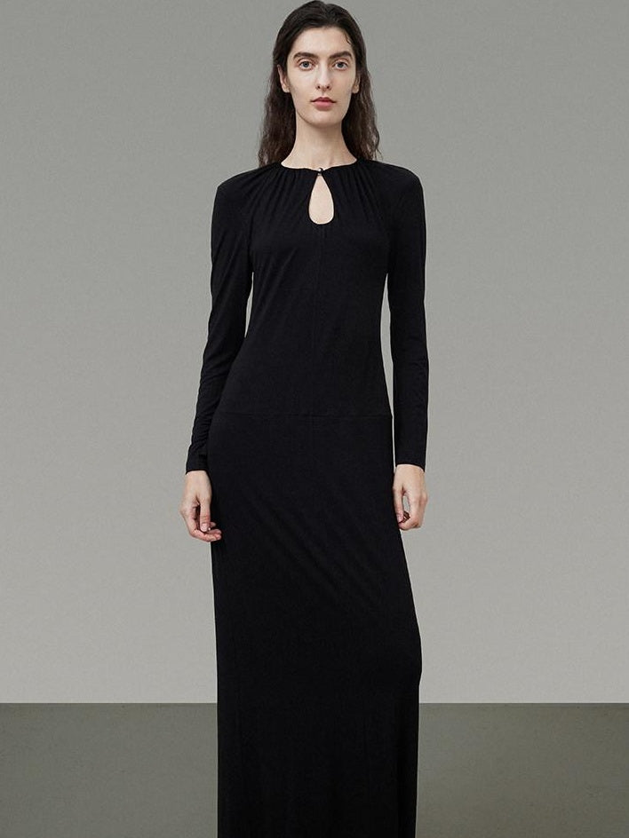 unspoken Waist Cinch Commuter Long Sleeve Drop Neck Black Womens Hline Maxi Dresses