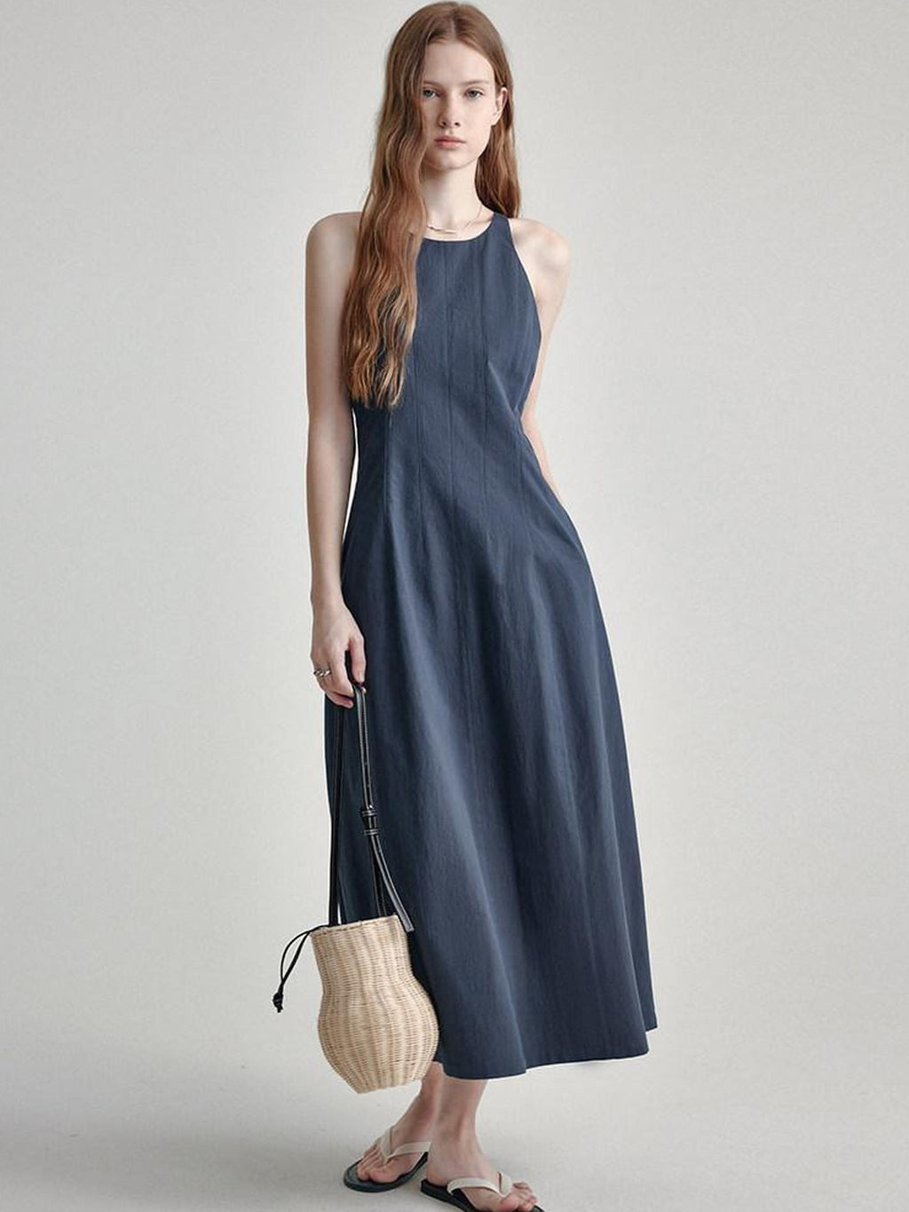 High Waist Sleeveless Minimalist Office A Line Cotton Blend Maxi Dresses