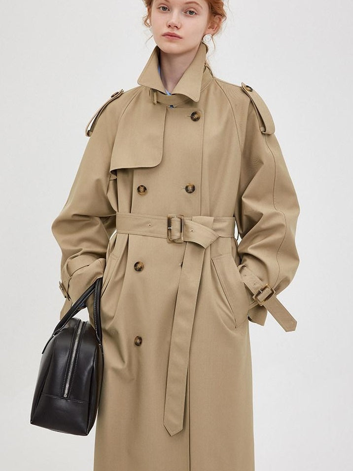 fano Double Breasted Button Loose Fit Raglan Sleeve Commuter Women Khaki Trench Coats