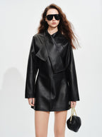 audreyyang Sheepskin Leather Cinched Waist French Tie Neck A Line Work Date Midi Dresses