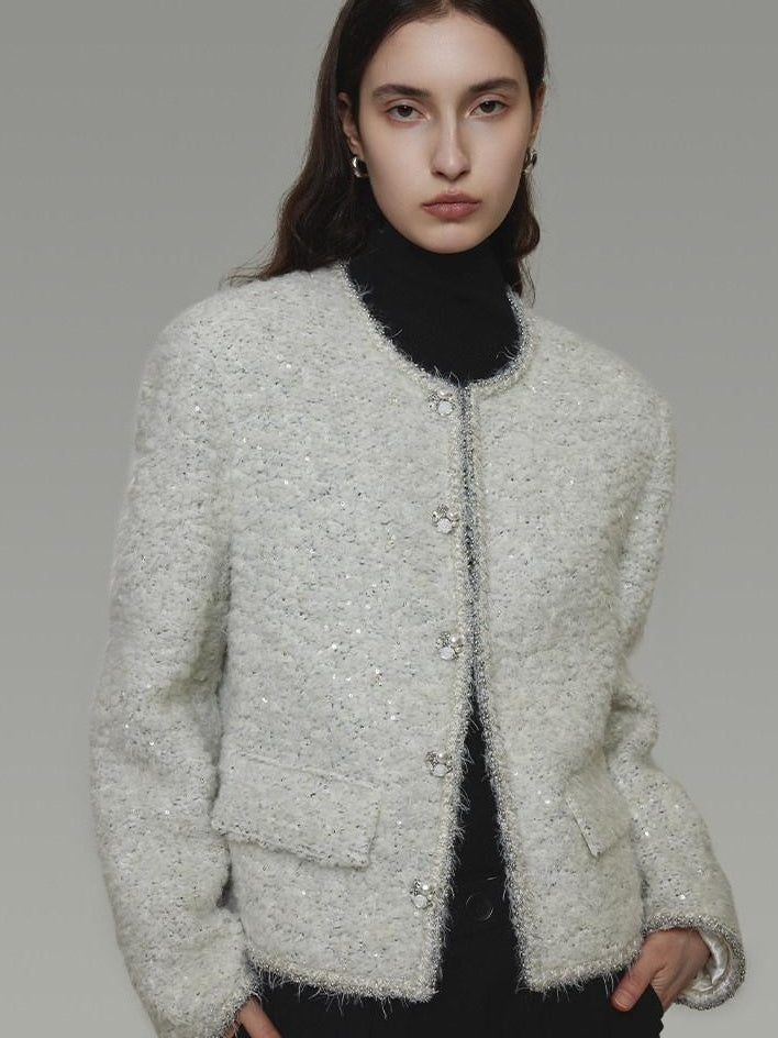 unspoken Lambswool Minimal Commuter Loose Single Button Round Neck Women Cropped Jackets