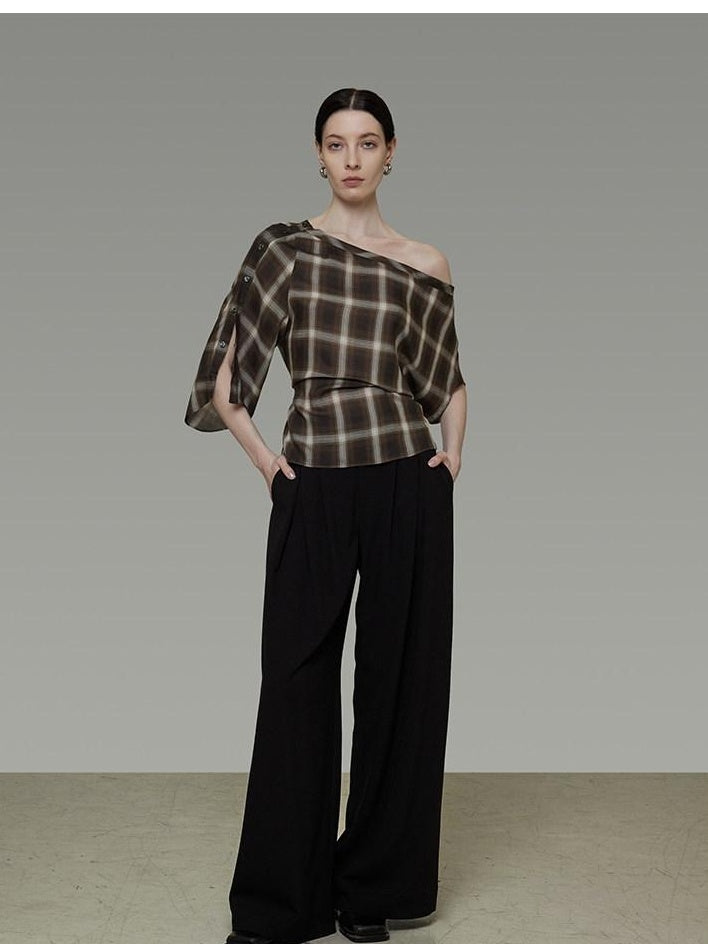 unspoken Breathable Viscose Slim Asymmetric Slant Neck Green Plaid Off Shoulder Crop Tops