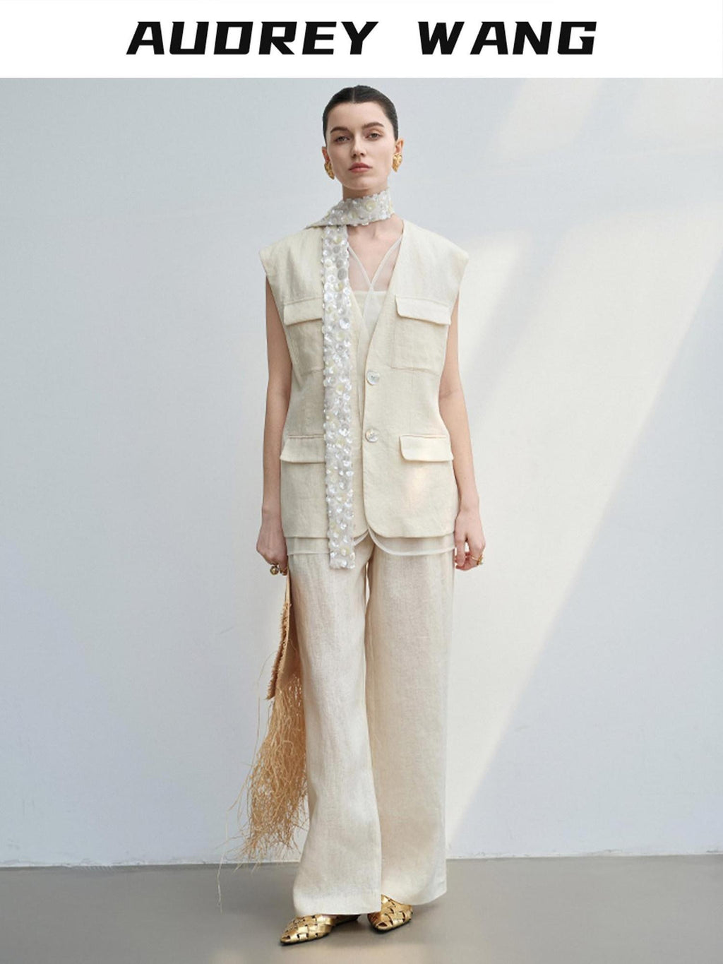 audreyyang Light Cream Linen V-neck Button Vest With Long Pants Women Top & Pants Sets