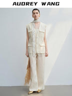 audreyyang Light Cream Linen V-neck Button Vest With Long Pants Women Top & Pants Sets