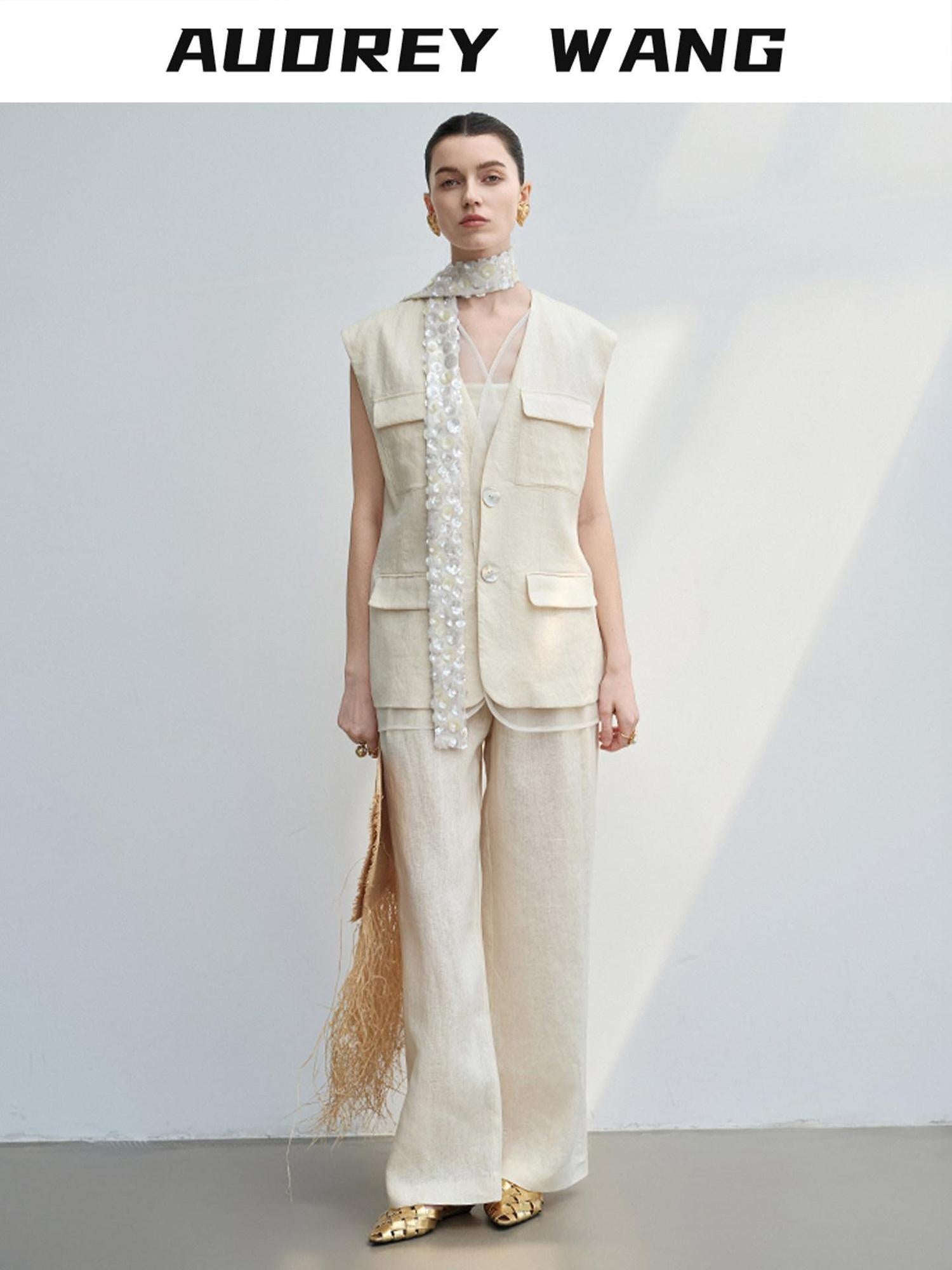 audreyyang Light Cream Linen V-neck Button Vest With Long Pants Women Top & Pants Sets