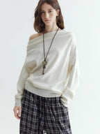 fano Minimalist Office Regular Asymmetric Neck Batwing Sleeve Women Nylon Sweaters