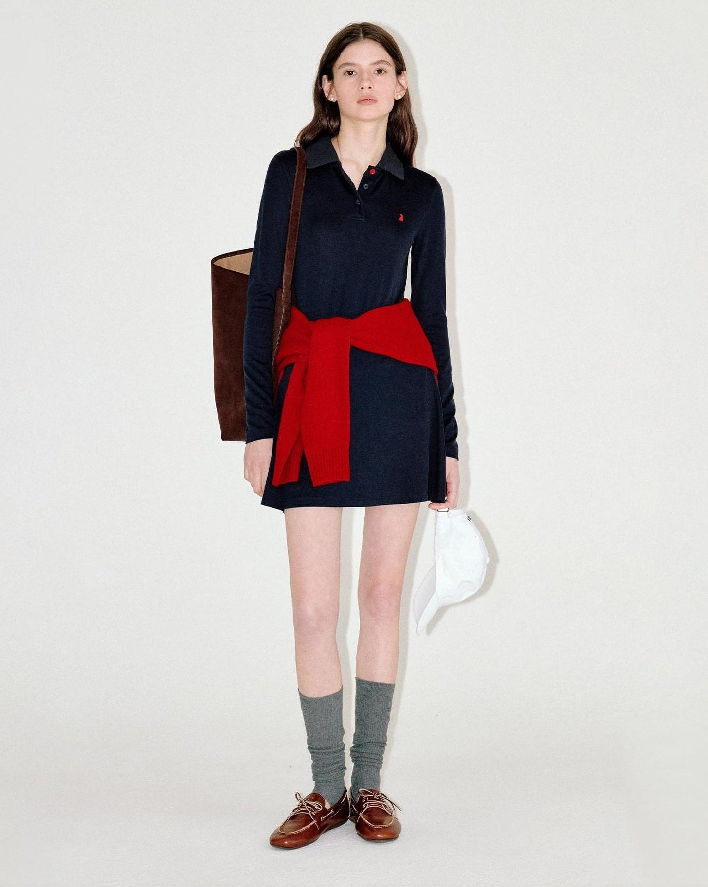 fano Soft Embroidered Tencel Vintage Aline Slim Long Sleeve Navy Midi Dresses