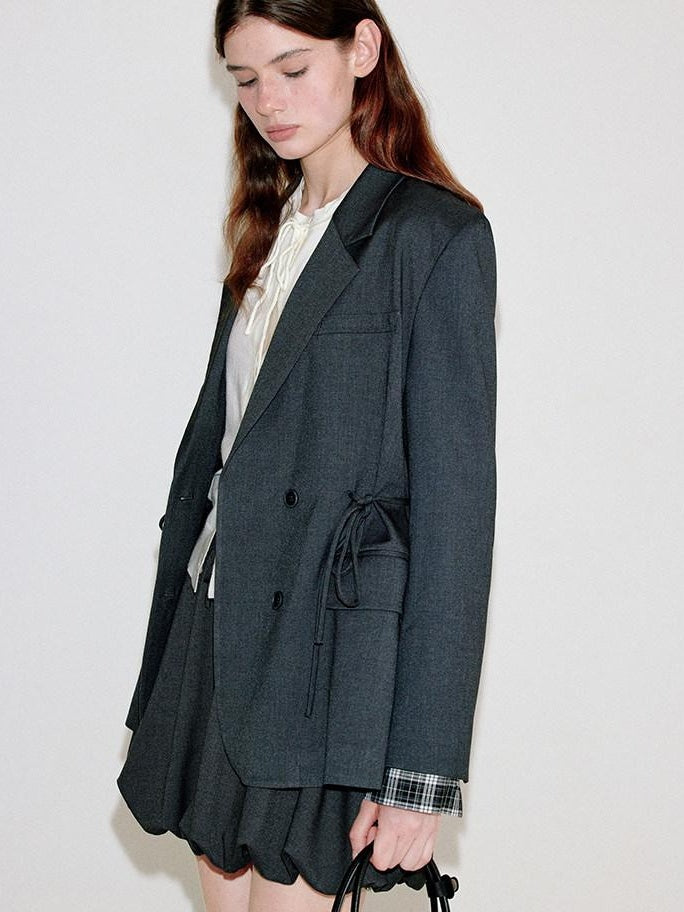 fano Deep Gray Solid Single Button Blazer Loose Fit Women Workwear Top & Skirt Sets