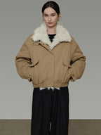 unspoken Thick Cotton Padded Patchwork Cropped Loose Commuter Khaki Puffer Jackets
