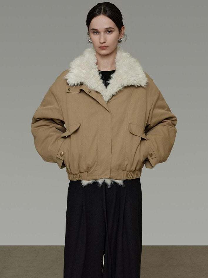unspoken Thick Cotton Padded Patchwork Cropped Loose Commuter Khaki Puffer Jackets