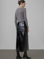 unspoken High Waist Pu Leather A Line Lined Black Commuter Skirt For Women Midi Skirts