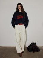 Lofi choose Cozy Crew Neck Loose Fit Office Knit Pullover Off White Navy Sweaters