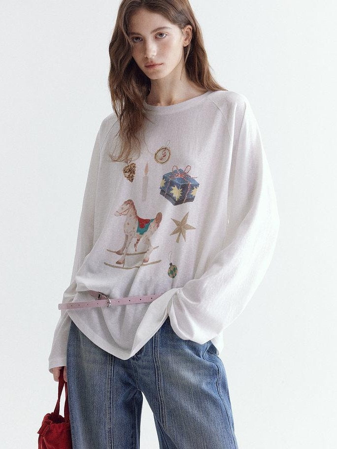 fano Cotton Blend Printed Crewneck Loose Fit Women White Long Sleeve T-Shirts