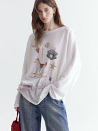 fano Cotton Blend Printed Crewneck Loose Fit Women White Long Sleeve T-Shirts