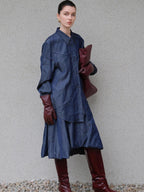audreyyang Original Pleated Faux Denim Relaxed Buttoned Collared Girls Top & Skirt Sets