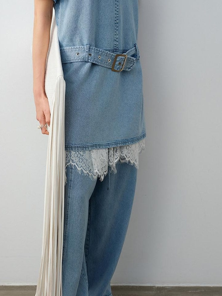audreyyang Washed Tencel Micro Stretch Straight Fit Denim Blue Casual Short Sleeve T-Shirts