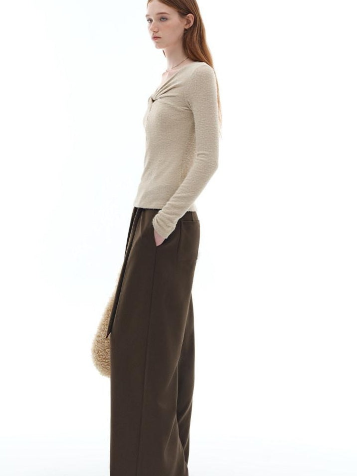 someonesometimes Soft Stretch V-neck Cutout Slim Fit Knit For Women Apricot Long Sleeve T-Shirts