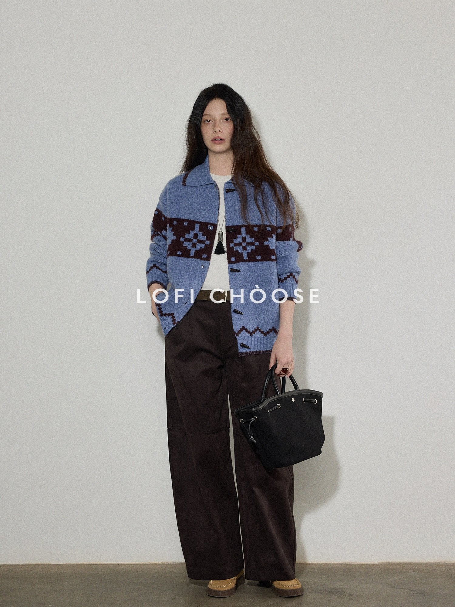 Lofi choose Acrylic Wool Relaxed Fit Commuter Cardigan Women Geometric Blue Sweaters