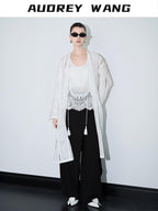 audreyyang Lightweight Breathable Loose Fringe Mid Length Women Cotton Solid Cardigans