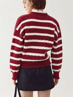 fano Ruffle Detail Loose Fit Commuter V-neck Long Sleeve Striped Women Sweaters