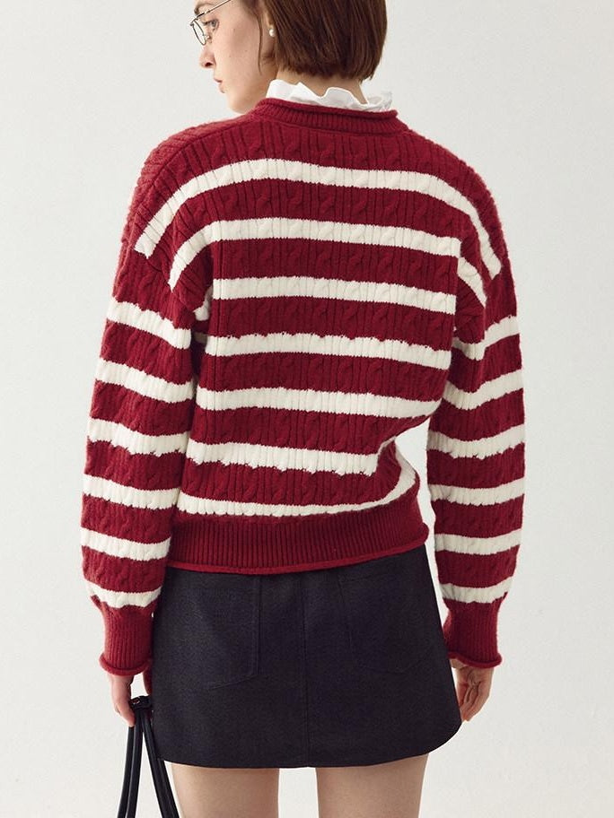 fano Ruffle Detail Loose Fit Commuter V-neck Long Sleeve Striped Women Sweaters