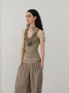 someonesometimes Light Lyocell Slim Ruffle Tie Cami Workwear Women Olive Green Tank Tops