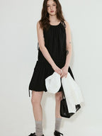 fano Soft Viscose Blend Korean Office A Line Sleeveless Black Midi Dresses