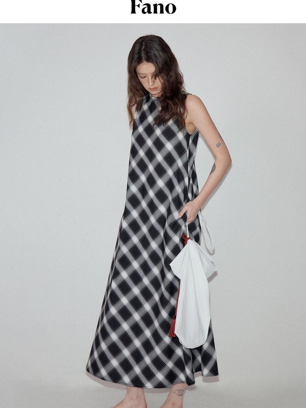 fano Plaid Sleeveless A Line Natural Waist Korean Office Casual Maxi Dresses