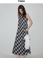 fano Plaid Sleeveless A Line Natural Waist Korean Office Casual Maxi Dresses