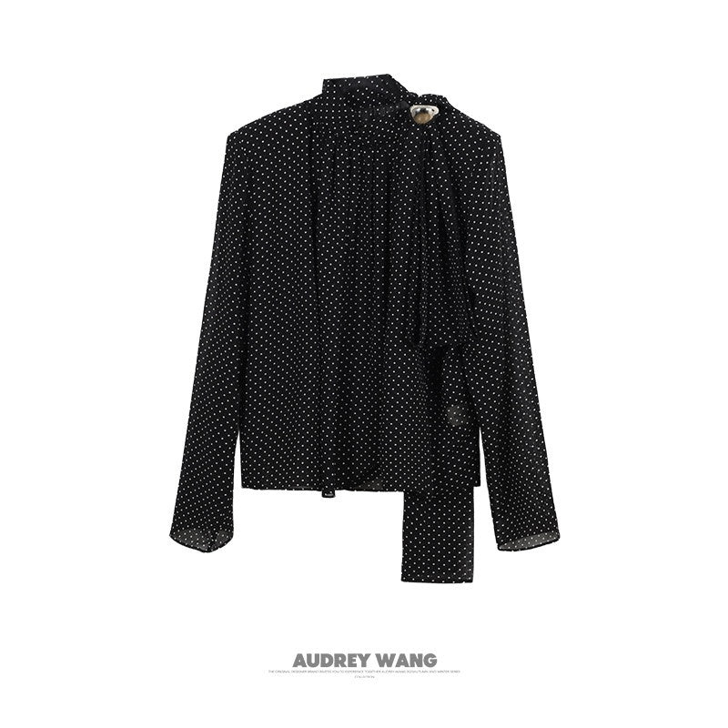 audreyyang Shape Retaining Loose Fit Stand Collar Long Sleeve For Women Polka Dot Blouses
