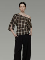 unspoken Breathable Viscose Slim Asymmetric Slant Neck Green Plaid Off Shoulder Crop Tops