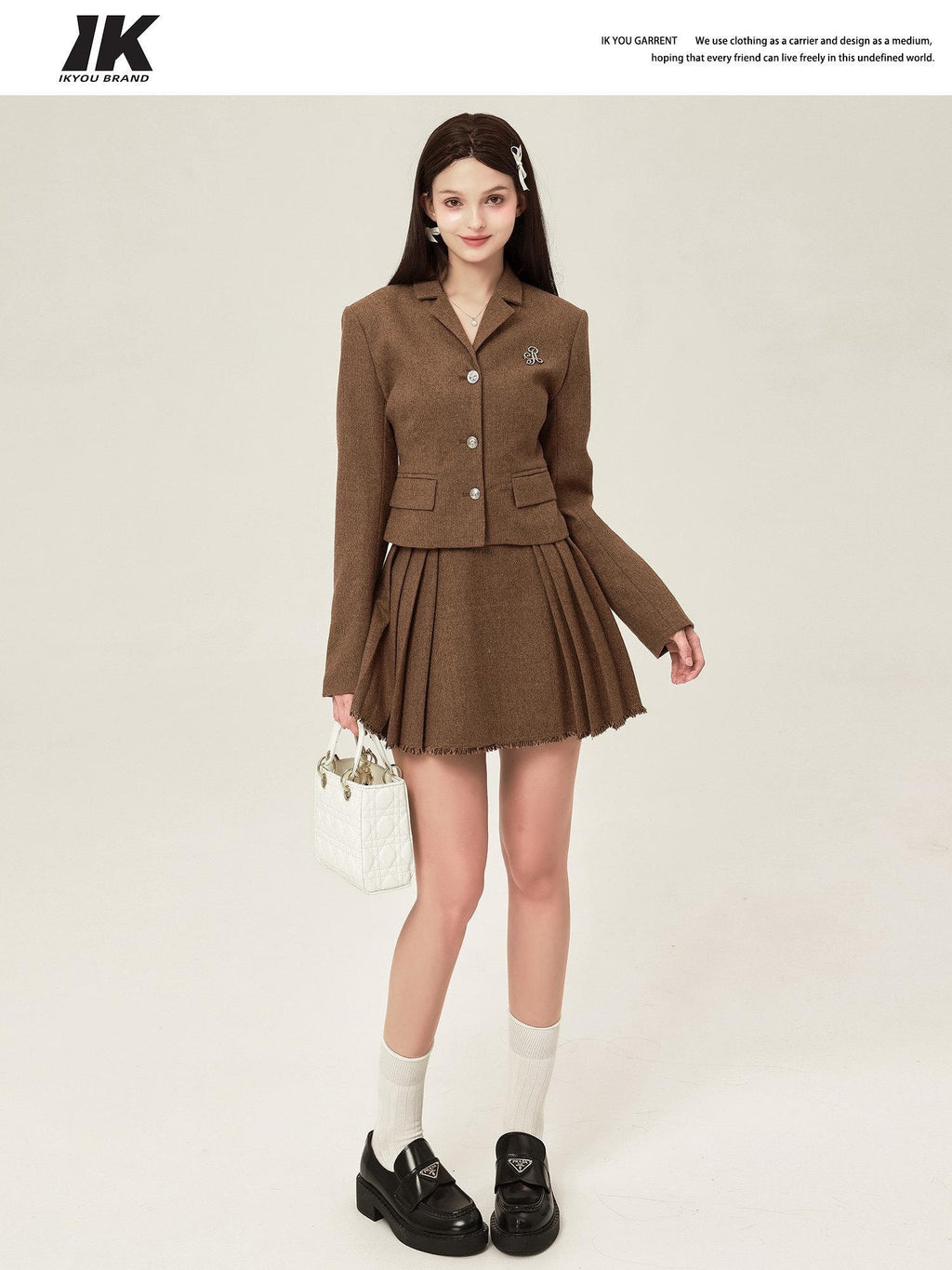 ikyou Tassel Button Slim Fit Square Neck Long Sleeve Work Gray Brown Top & Skirt Sets