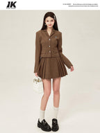 ikyou Tassel Button Slim Fit Square Neck Long Sleeve Work Gray Brown Top & Skirt Sets