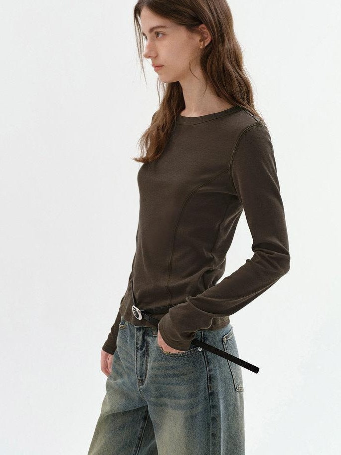 fano Lyocell Blend Slim Fit Minimal Commuter Crew Neck Women Long Sleeve T-Shirts