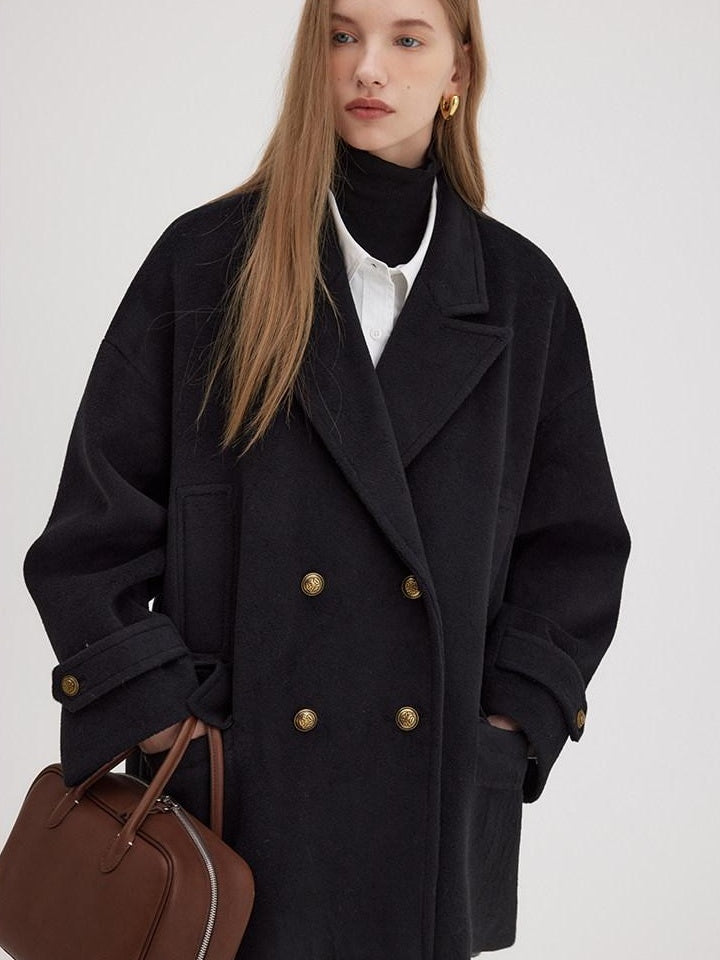 fano Minimalist Commuter Straight Fit Double Breasted Lapel Pocket Women Short Coat