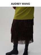 audreyyang Hand Pleated Crinkle Tassel Mid Waist Straight Lined Polyester Midi Skirts