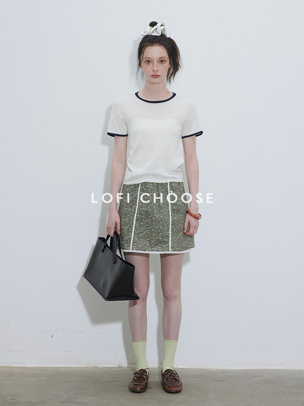 Lofi choose High Waist Floral A Line Relaxed Fit Workwear Women Coffee Green Mini Skirts