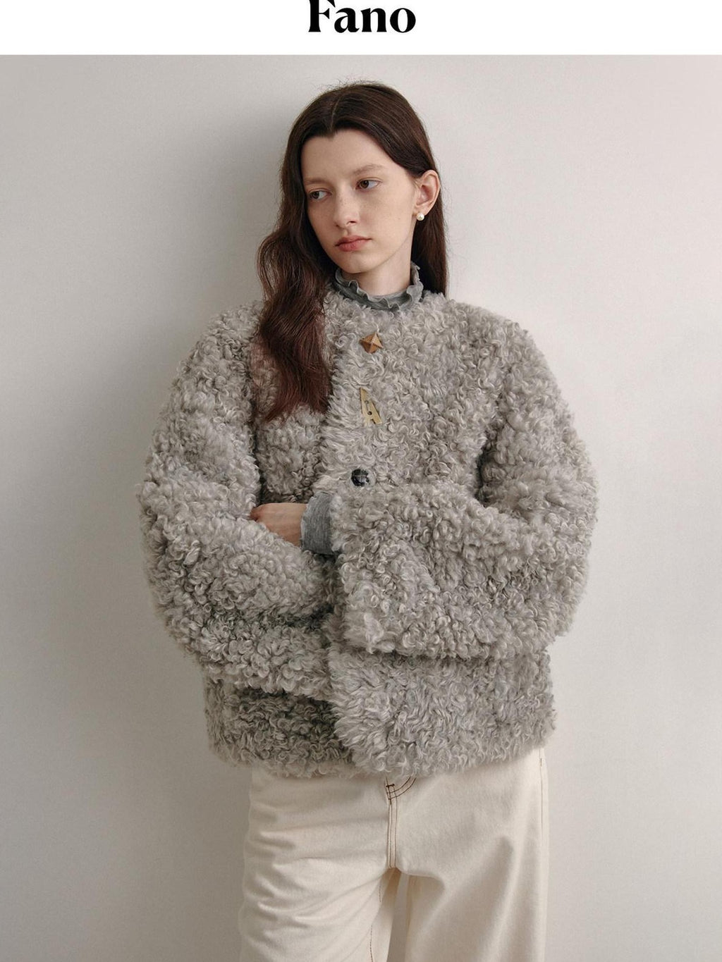 fano Faux Fur Straight Cut Minimal Workwear Women Gray Khaki Short Coat