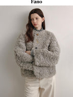 fano Faux Fur Straight Cut Minimal Workwear Women Gray Khaki Short Coat