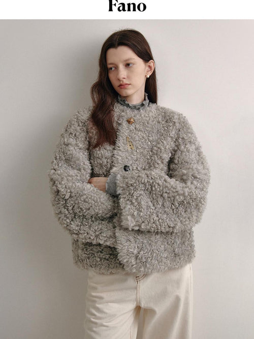 fano Faux Fur Straight Cut Minimal Workwear Women Gray Khaki Short Coat