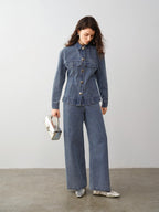 audreyyang 100% Cotton Vintage Loose Fit Button Long Sleeve Denim Women Top & Pants Sets