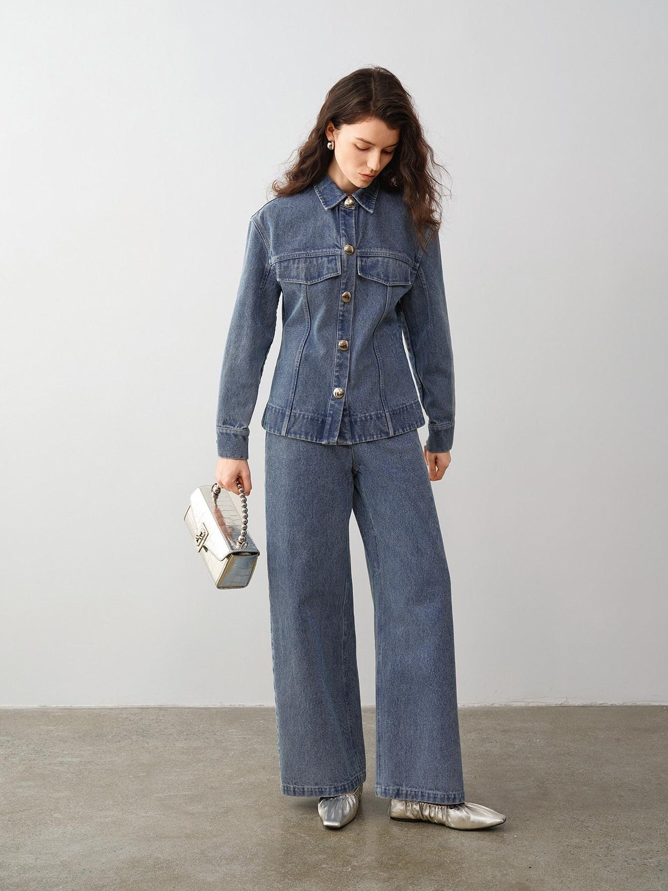 audreyyang 100% Cotton Vintage Loose Fit Button Long Sleeve Denim Women Top & Pants Sets