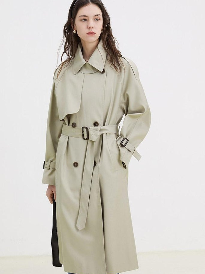 fano Classic Double Breasted Long Straight Fit Commuter Women Khaki Trench Coats